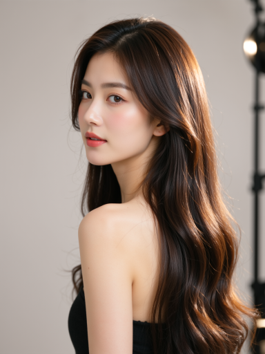 Beautiful long layered hairstyle with subtle highlights, model looking confident, professional studio lighting